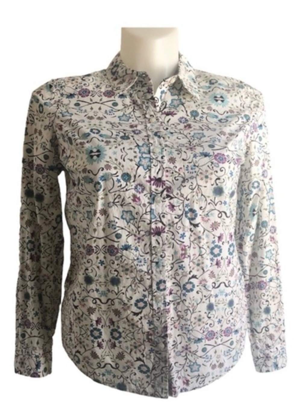 Charter Club Shirt Sz 8P Petite Ivory Purple Blue Cotton Tabbed Sleeves Button U